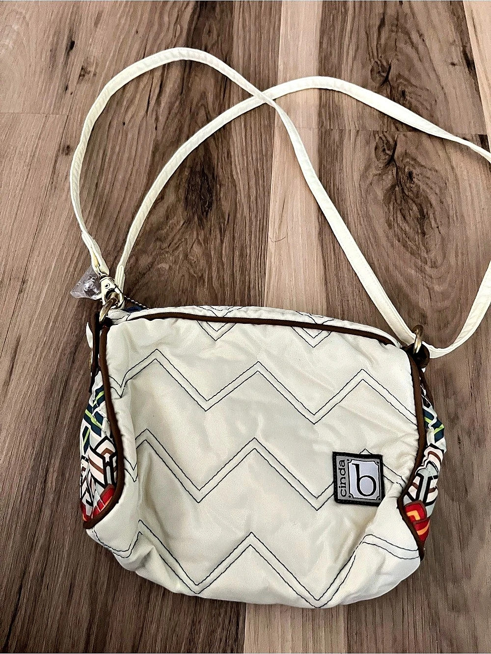 CINDA B Chevron Quilted Nylon Crossbody  Bag Ivory USA 23